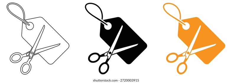 Etiquetas de corte con tijeras para rebajas y promociones, tijeras de corte de un Precio icono de etiqueta de Vector concepto de descuento plana illustration.Cupones con tijeras icono de colección.