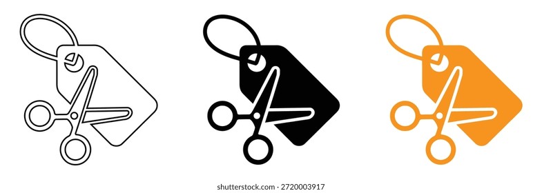 Etiquetas de corte con tijeras para rebajas y promociones, tijeras de corte de un Precio icono de etiqueta de Vector concepto de descuento plana illustration.Cupones con tijeras icono de colección.