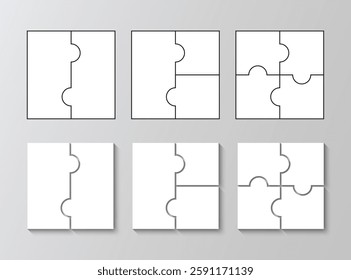 Cutting template. Jigsaw grids set. Puzzle pieces. Scheme for thinking game. Simple mosaic background with separate details. Frame tiles. Vector illustration.