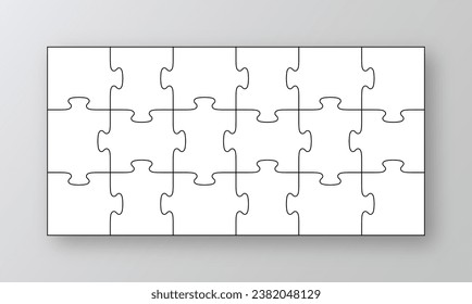 Esquema de plantilla de corte Cuadrícula de esquema de Jigsaw. Fondo moderno con formas separadas. Silueta mosaica de juego de pensamiento con 18 detalles. Cuadrícula de piezas del rompecabezas del rectángulo. Baldosas de marco simples. Vector