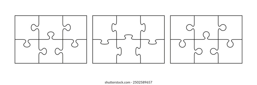 Cutting template with separate details. Outline puzzle pieces scheme for thinking game. Simple mosaic background. Jigsaw square grids set. Vector illustration.