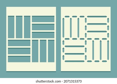 Cutting templates. Die and laser cut screen panels. Stencil with with square tile pattern For drawing, plaster and painting wall or floor Set of cliche direct and inverse patterns Vector illustration