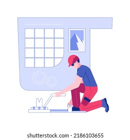 Cutting tiles isolated concept vector illustration. Professional repairman cuts tiles for floor installation, house building, residential construction, rough interior works vector concept.