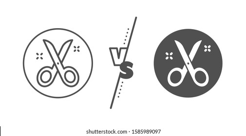 Cutting tool sign. Versus concept. Scissors line icon. Tailor utensil symbol. Line vs classic scissors icon. Vector