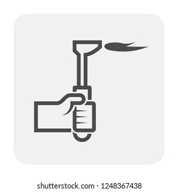 Cutting torch or welding torch icon. Also called blowtorch, gas torch or oxy-acetylene torch. Consist of nozzle, hose, stop valve, flame, hand worker or welder for Oxy-fuel welding and cutting work.
