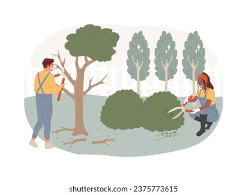 Cutting trees and shrubs isolated concept vector illustration. Gardening services, landscape maintenance, pruning, remove diseased, dead and broken branches, shape trees vector concept.
