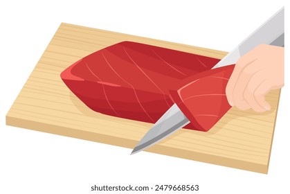 Cutting a tuna fillet. Vector illustration