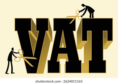 "Cutting VAT with Scissors"
An illustration showing characters cutting the word VAT with scissors, symbolizing tax reduction or reform.
