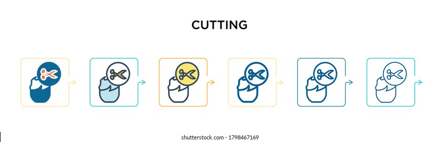 Cutting vector icon in 6 different modern styles. Black, two colored cutting icons designed in filled, outline, line and stroke style. Vector illustration can be used for web, mobile, ui