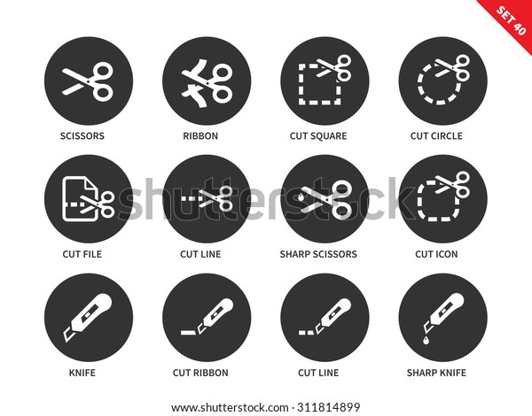 Cutting vector icons set. Sewing and\
needlework concept. Items for ateliers and workshops, scissors and\
knives, ribbons files. Isolated on white\
background
