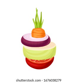 Cutting Vegetables Arranged in Pile Isolated on White Background Vector Illustration