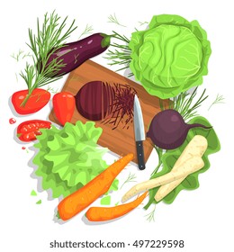 Cutting Vegetables Drawing, With  Board And Fresh Crops