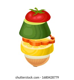 Cutting Vegetables and Fruits Arranged in Pile Isolated on White Background Vector Illustration