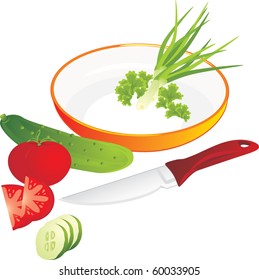 Cutting of vegetables and greenery for lettuce. Vector