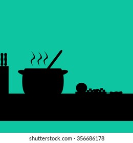 cutting vegetables, preparation and cooking of healthy meals, food, soup pot shadow on the table in the kitchen, Turquoise, green background vector for retro or fun and modern vibe unit design