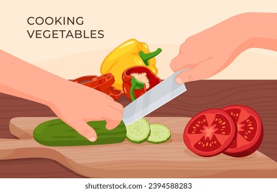 Cutting vegetables for salad. Hands with various kitchen items. Food preparation process. Cook hands. Vector illustration