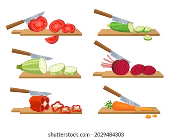 Cutting vegetables. Slices salad carrot red pepper cucumbers natural products for preparing healthy food recent vector cartoon illustrations