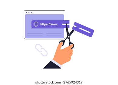 Cutting Web URL for Short Link Concept. A hand using scissors to cut a long website address bar into a short link, representing URL shortening services and web tools