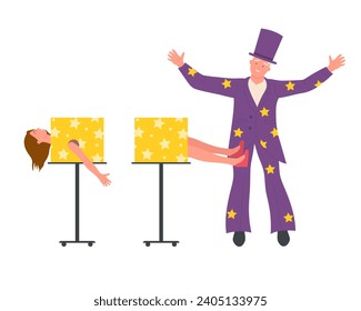 Cutting woman in half circus trick. Magician show performance, amusement park cartoon vector illustration