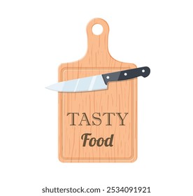 cutting wood board lettering tasty food with knife. vector illustration in flat design