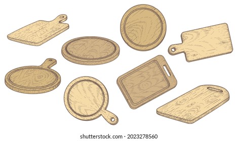 Cutting wooden boards set. Top view and perspective view. Various shapes. Vintage hand drawn sketch srtyle. Vector illustrations.