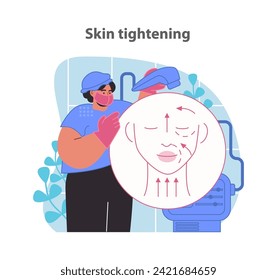 Cutting-edge skin tightening treatment. Professional aesthetic service. Non-invasive facial rejuvenation. Flat vector illustration.