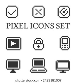 Cutting-edge technology with retro style: an exclusive set of pixel icons reflecting the world of high technology on a white background, ideal for lovers of technology and vintage design