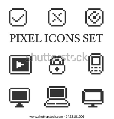 Cutting-edge technology with retro style: an exclusive set of pixel icons reflecting the world of high technology on a white background, ideal for lovers of technology and vintage design