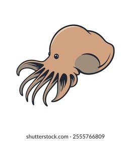 Cuttlefish Flat Vector Illustration, Simple Stylized Design, Brownish Body, Thin Tentacles, Minimalist Look, Clean Lines, White Background