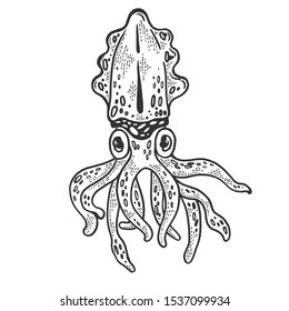 Cuttlefish marine mollusc animal sketch engraving vector illustration. T-shirt apparel print design. Scratch board style imitation. Hand drawn image.
