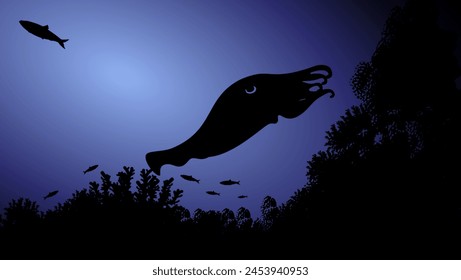 CuttleFish in the ocean, flat color illustration