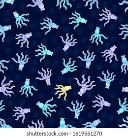 Cuttlefish on a blue spotted background. Seamless vector Pattern. For textiles, fabric, packaging paper, background, Wallpaper.