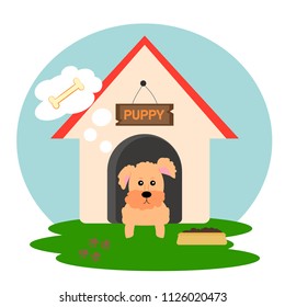 Cuty Puppy In Doghouse Thinking About Bone. Vector Illustration Of Dog On The Grass.