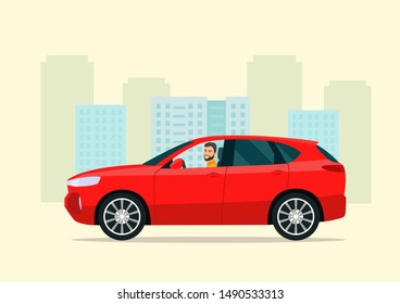 CUV car with a driver man on a background of abstract cityscape. Vector flat style illustration.