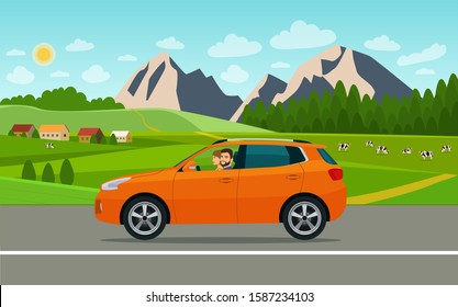 CUV car with a driver on a landscape background. Vector flat style illustration.