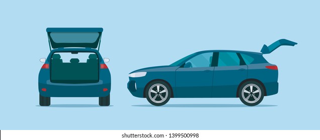 CUV car with open boot. Side and back view. Vector flat style illustration.