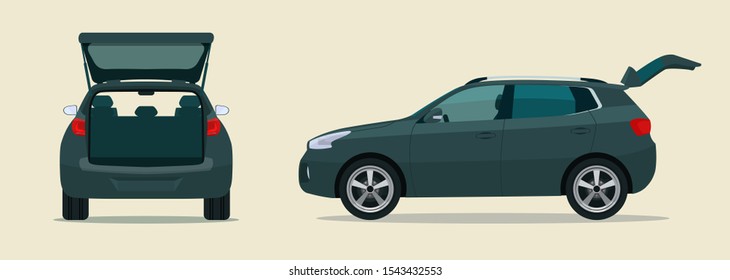CUV Car With Open Boot. Side And Back View. Vector Flat Style Illustration.