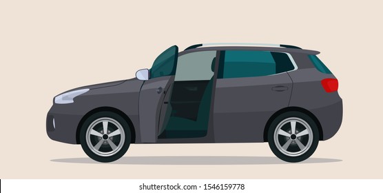 CUV car with an open driver's door. Vector flat style illustration.