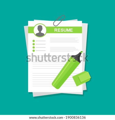 CV application. Business resume form. Search and select professional staff. Recruitment and employment. Job interview concept. Vector illustration in trendy flat style.