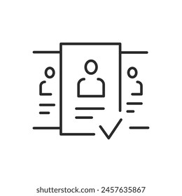 CV application icon. Simplistic representation of a CV or resume document with a person's silhouette and a check mark, symbolizing the approval of a job candidate's application. Vector illustration