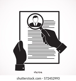 CV application paper sheet, business man hands holding resume document, concept of job interview searching, personal data skills research, training results analyze flat modern design isolated on green