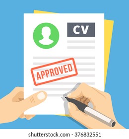 CV Approvevent. Hand With Pen Sign A Job Application. Employment, Hiring Concepts. Modern Flat Design For Web Banners, Web Sites, Infographic. Flat Vector Illustration Isolated On Blue Background