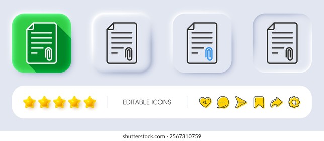 CV attachment line icon. Neumorphic, Flat shadow, 3d buttons. Document file symbol. Line attachment icon. Social media icons. Vector