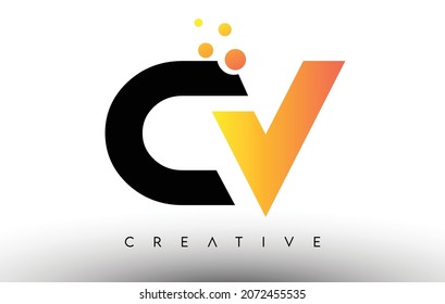 CV Black Orange Letter Logo Design. CV Icon with Dots and Bubbles Creative Letters Vector illustration.