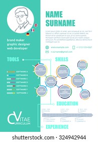 CV. Brief Resume Cv Template For Graphic Designer. Modern Infographic Include Name, Surname, Skills, Experience And Education.