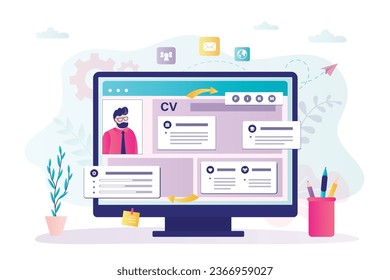CV building, online service. App or website for creating resumes, cv, documents for job applicants. Add different icons and interface parts to monitor screen. Job seekers create resume. flat vector