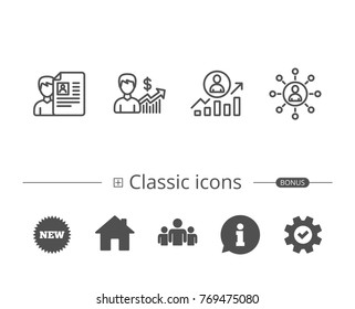 CV, Business Networking and Get a Job line icons. Work results and Growth chart signs. Information speech bubble sign. And more signs. Editable stroke. Vector