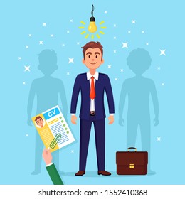 CV business resume in hand isolated on background. Surprised happy man with light bulb. Job interview, recruitment, search employer, hiring concept. Human resource HR concept. Vector cartoon design 