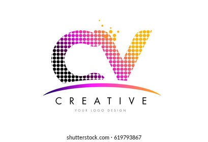 CV C V Dots Letter Logo Design with Magenta Bubble Circles and Swoosh