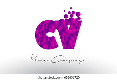 CV C V Dots Letter Logo with Purple Pink Magenta Bubbles Texture Vector.